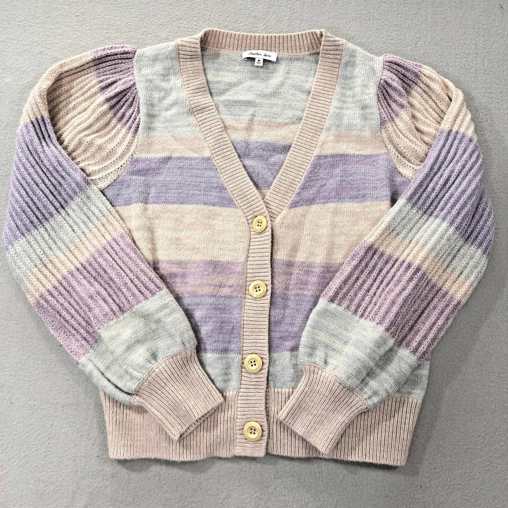 Another Love Pastel Striped Puff Sleeve Cardigan Sweater M Light Purple Pink